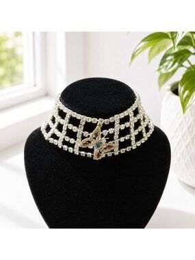 Vintage Rhinestone Choker Necklace With Butterfly Accent Open Grid Design Adjust